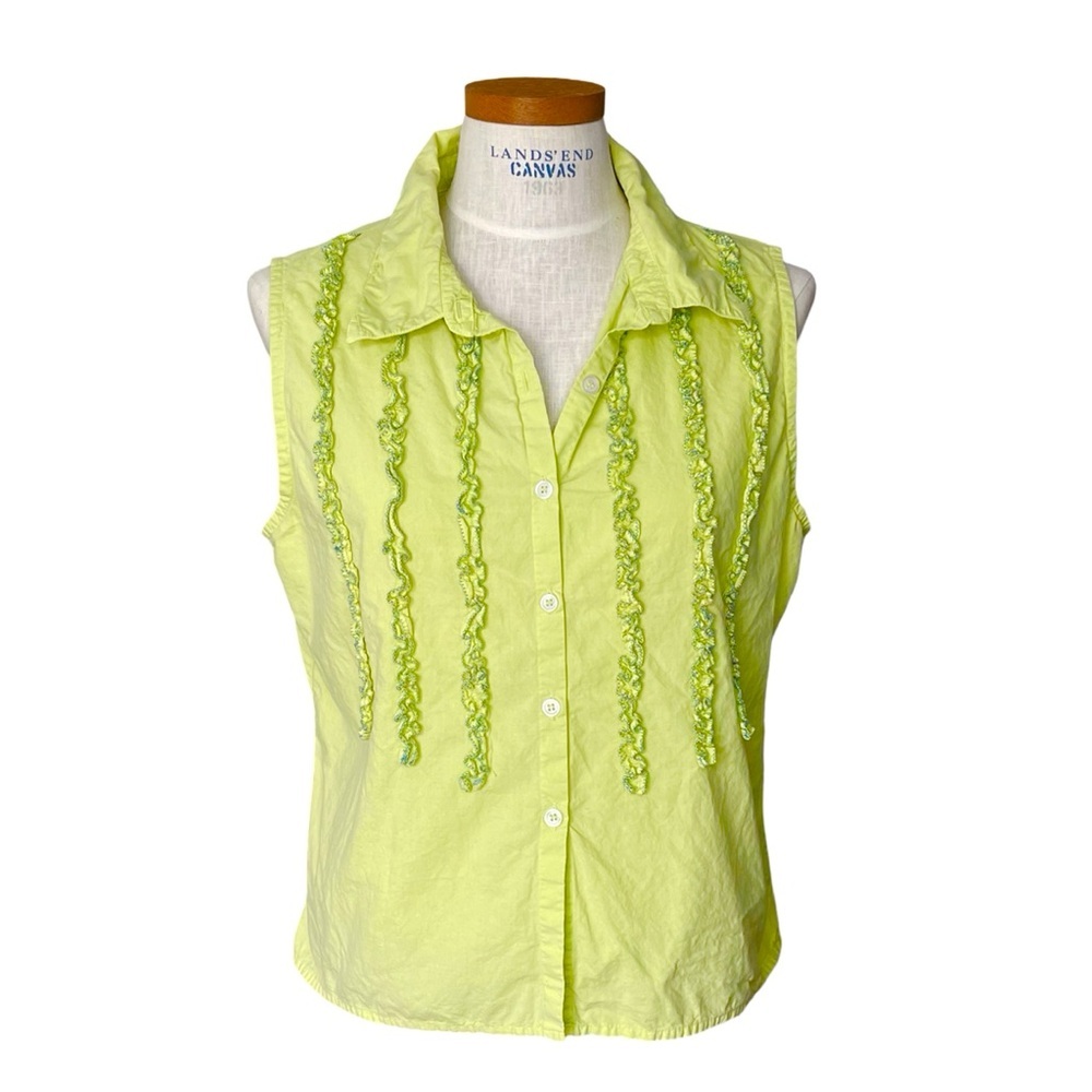 Vintage Kiko Sleeveless Button up Ruffle Front 100% Cotton Yellow-Green Top SzXL